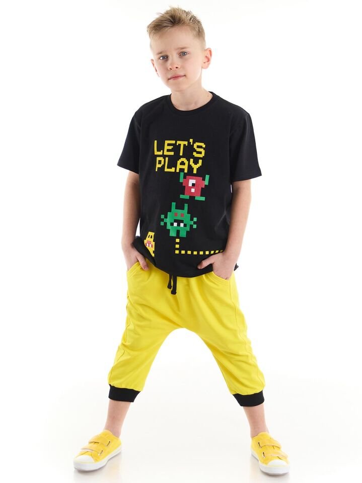 Lets Erkek Çocuk T-shirt Kapri Şort Takım 7 Y - Siyah, Sarı