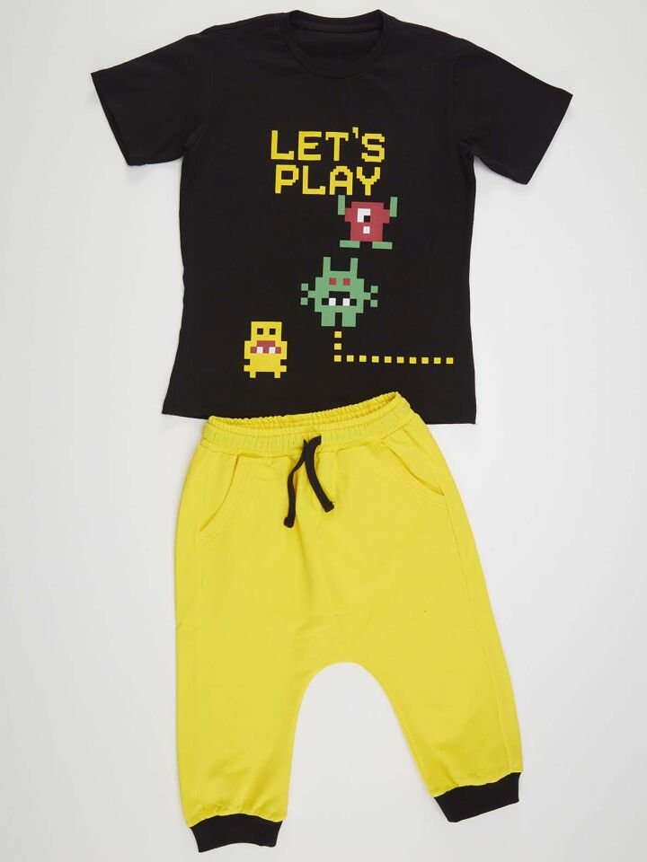 Lets Erkek Çocuk T-shirt Kapri Şort Takım 7 Y - Siyah, Sarı