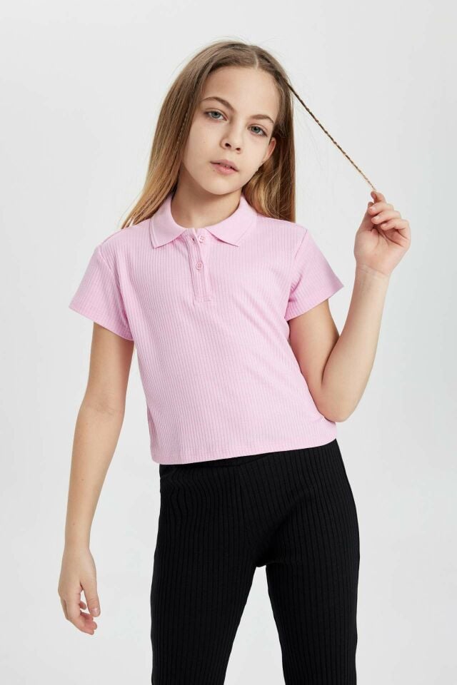 Kız Çocuk Slim Fit Dar Kesim Basic Düz Fitilli Kaşkorse Kısa Kollu Polo Tişört