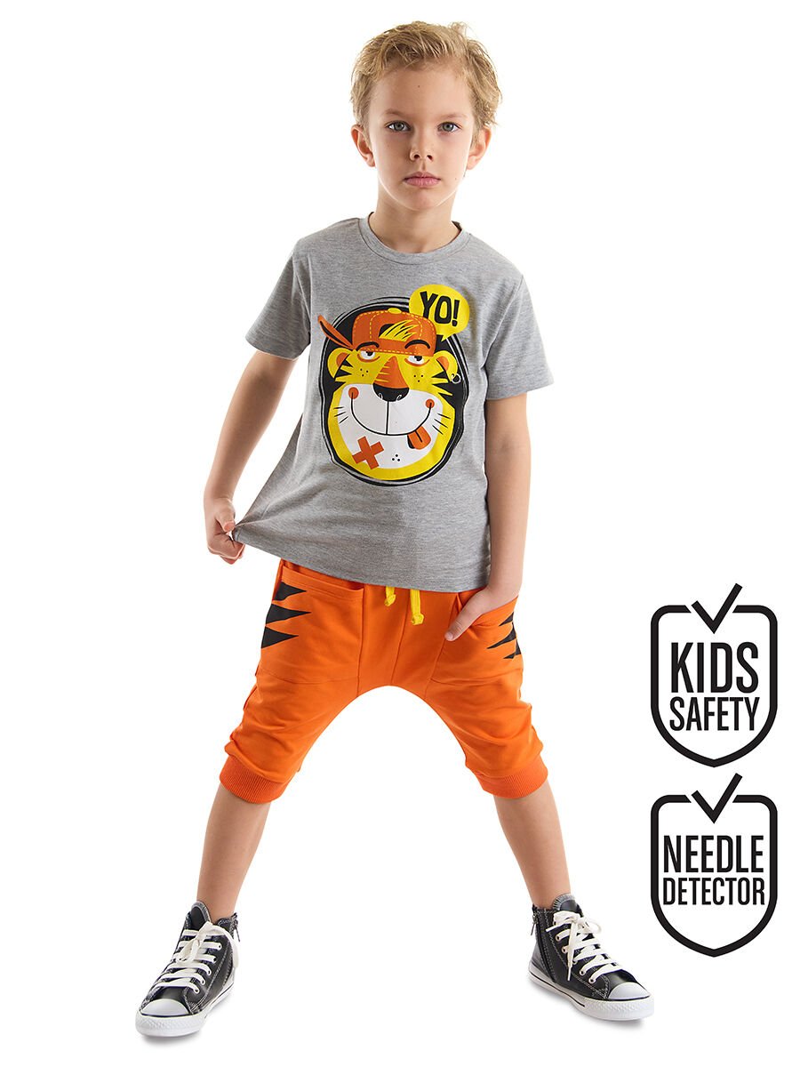 Yo Kaplan Erkek Çocuk T-shirt Kapri Şort Takım 4 Y - Gri, Turuncu