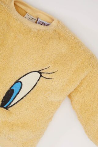Kız Bebek Looney Tunes 2'li Takım Bisiklet Yaka Pelüş Sweatshirt Beli Lastikli Eşofman Altı