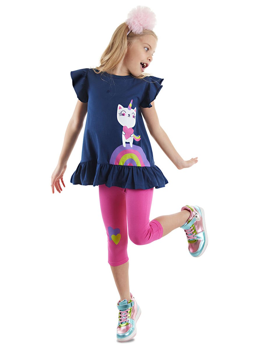 Unicorn Kedi Kız Çocuk T-shirt Tayt Takım 2 Y - Lacivert, Pembe