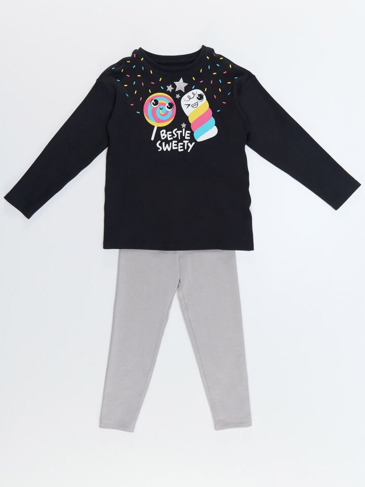 Renkli Şeker Kız Çocuk T-shirt Tayt Takım 7 Y - Lacivert, Gri