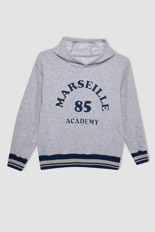 Erkek Çocuk Gri Yazı Baskılı Kapüşonlu Kalın Sweatshirt