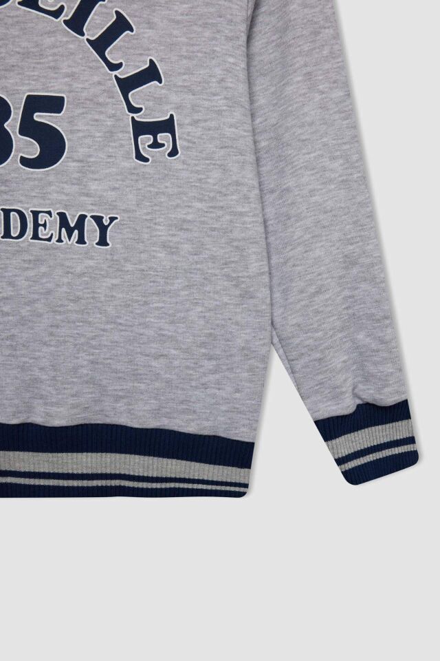 Erkek Çocuk Gri Yazı Baskılı Kapüşonlu Kalın Sweatshirt