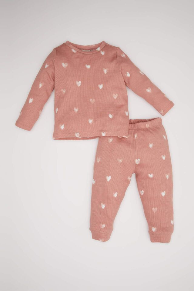Kız Bebek Pijama Takımı Kalp Desenli Uzun Kollu Waffle Üst Beli Lastikli Uzun Alt