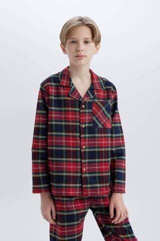 Erkek Çocuk Pijama Takımı Flanel Kareli Uzun Kollu Üst Beli Lastikli Uzun Alt