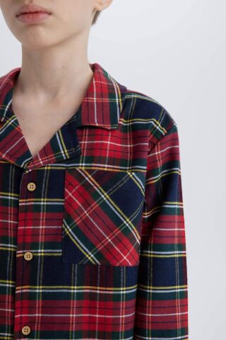 Erkek Çocuk Pijama Takımı Flanel Kareli Uzun Kollu Üst Beli Lastikli Uzun Alt