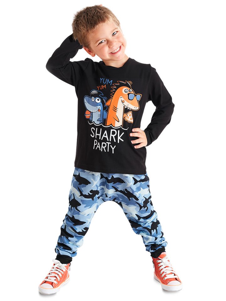 Shark Party Erkek Çocuk T-shirt Pantolon Takım 8 Y - Siyah, Mavi
