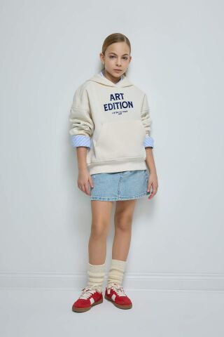 Kız Çocuk Oversize Geniş Kalıp Kapüşonlu Baskılı İçi Yumuşak Tüylü Sweatshirt