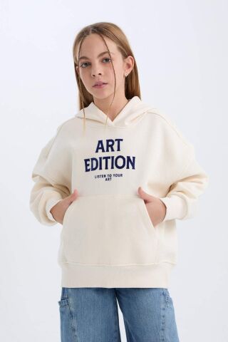 Kız Çocuk Oversize Geniş Kalıp Kapüşonlu Baskılı İçi Yumuşak Tüylü Sweatshirt