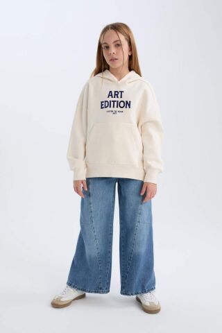 Kız Çocuk Oversize Geniş Kalıp Kapüşonlu Baskılı İçi Yumuşak Tüylü Sweatshirt