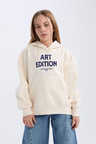 Kız Çocuk Oversize Geniş Kalıp Kapüşonlu Baskılı İçi Yumuşak Tüylü Sweatshirt