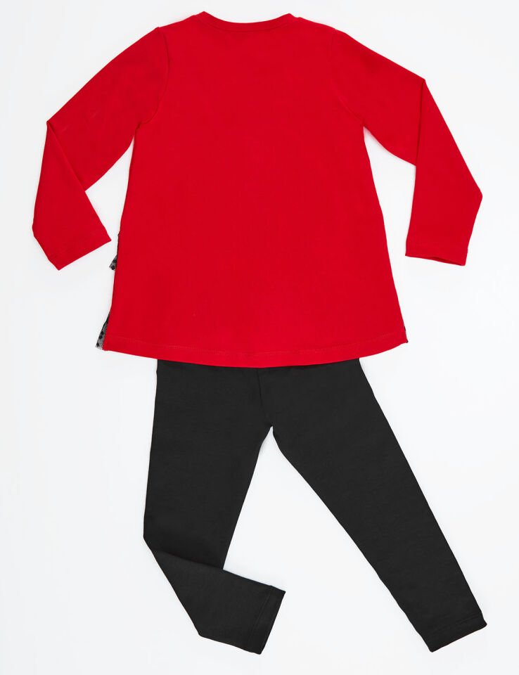 Penguen Dantelli Kız Çocuk Tunik Tayt Takım 6 Y - Kırmızı, Siyah