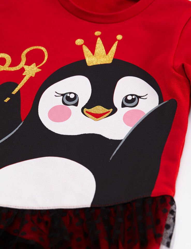 Penguen Dantelli Kız Çocuk Tunik Tayt Takım 6 Y - Kırmızı, Siyah