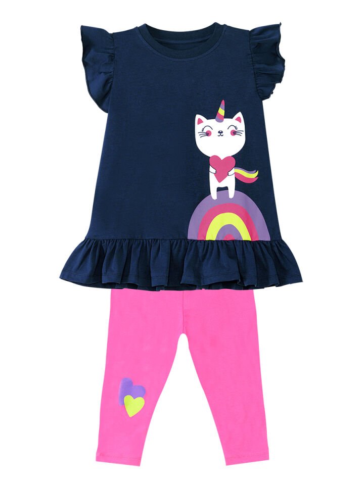 Unicorn Kedi Kız Çocuk T-shirt Tayt Takım 5 Y - Lacivert, Pembe