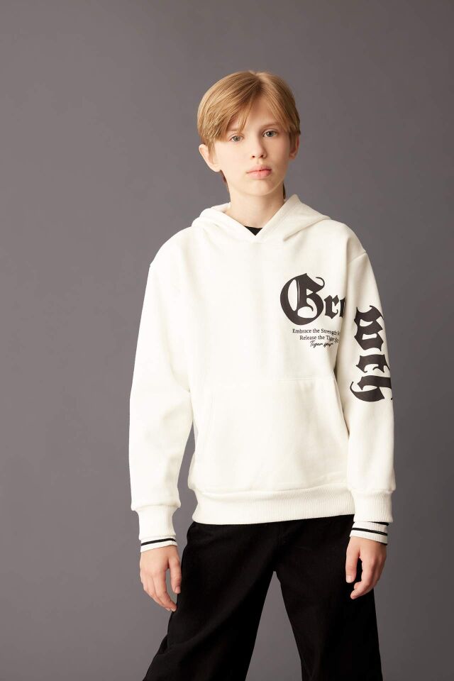 Erkek Çocuk Ekru Kapüşonlu Baskılı Kalın Sweatshirt