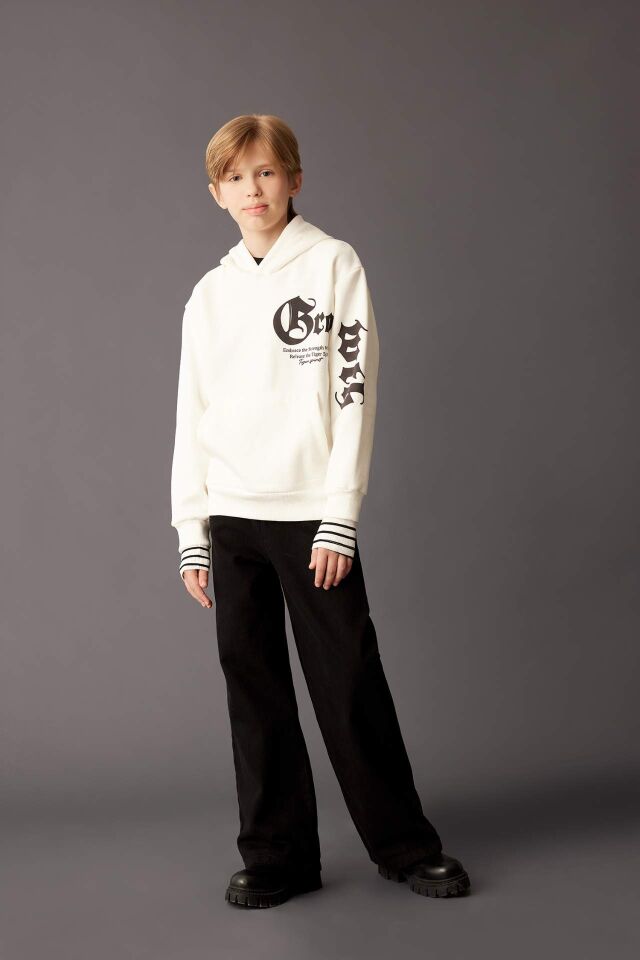 Erkek Çocuk Ekru Kapüşonlu Baskılı Kalın Sweatshirt