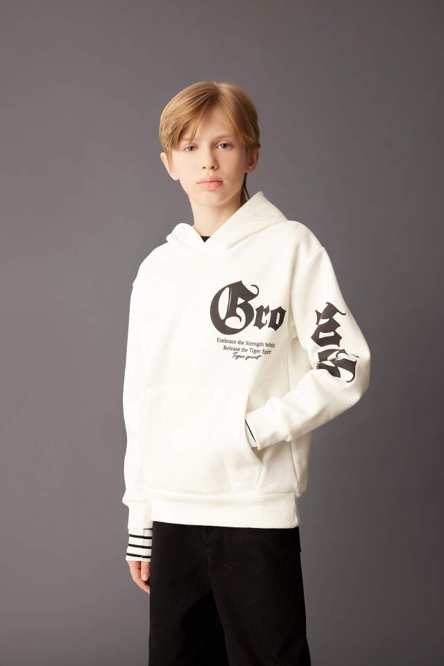Erkek Çocuk Ekru Kapüşonlu Baskılı Kalın Sweatshirt