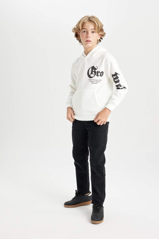 Erkek Çocuk Ekru Kapüşonlu Baskılı Kalın Sweatshirt
