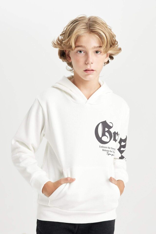 Erkek Çocuk Ekru Kapüşonlu Baskılı Kalın Sweatshirt