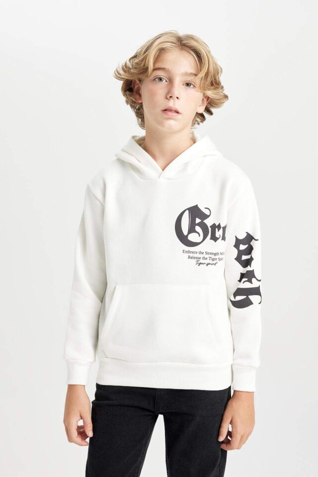 Erkek Çocuk Ekru Kapüşonlu Baskılı Kalın Sweatshirt