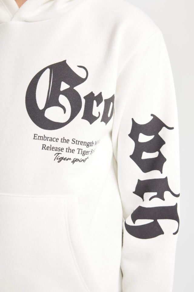 Erkek Çocuk Ekru Kapüşonlu Baskılı Kalın Sweatshirt