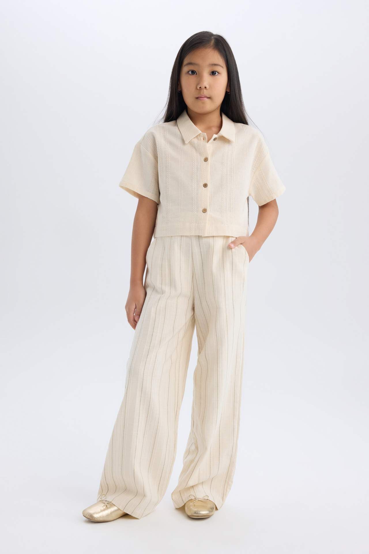 Kız Çocuk Cropped Fit Keten Kısa Kollu Gömlek