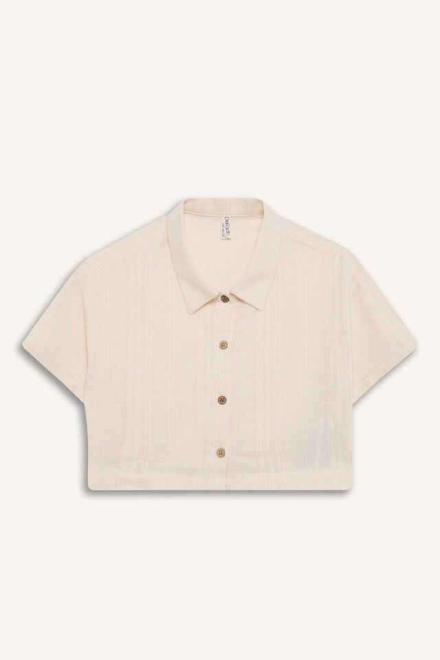 Kız Çocuk Cropped Fit Keten Kısa Kollu Gömlek