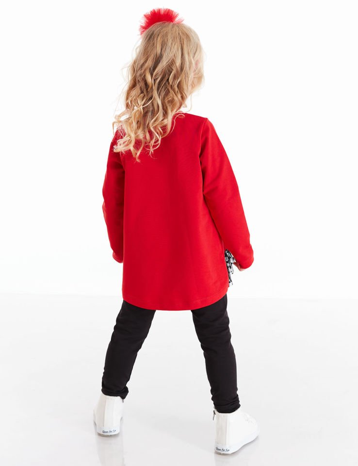 Penguen Dantelli Kız Çocuk Tunik Tayt Takım 2 Y - Kırmızı, Siyah