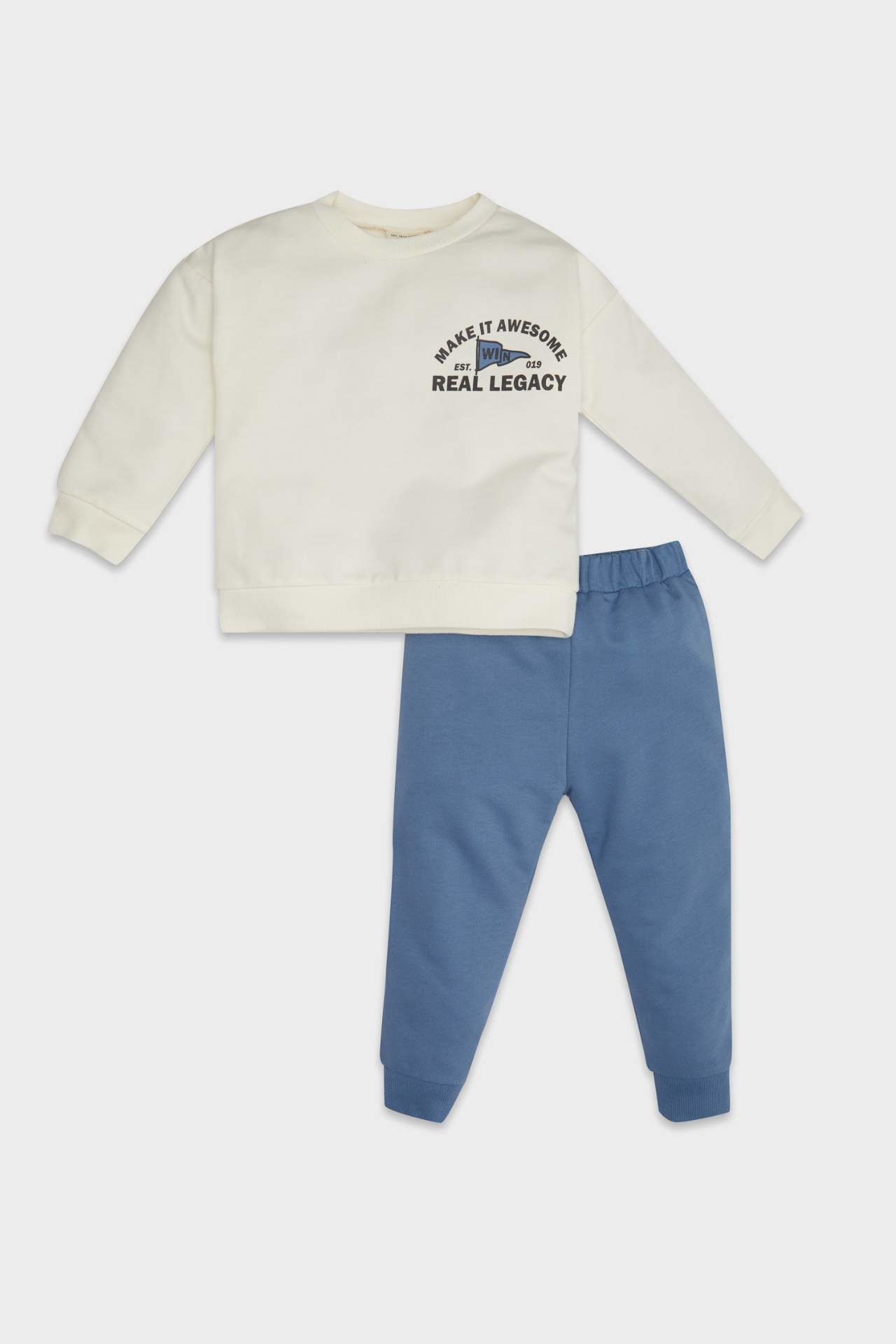 Erkek Bebek 2'li Takım Bisiklet Yaka Baskılı Sweatshirt Beli Lastikli Kogger Eşofman Altı
