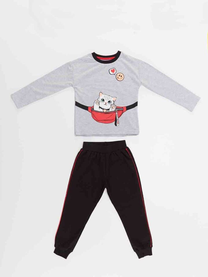 Çantada Kedi Kız Çocuk T-Shirt Pantolon Takım 4 Y - Gri, Siyah