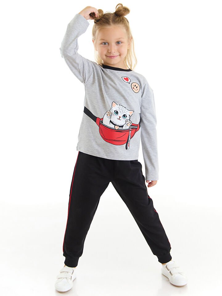 Çantada Kedi Kız Çocuk T-Shirt Pantolon Takım 5 Y - Gri, Siyah