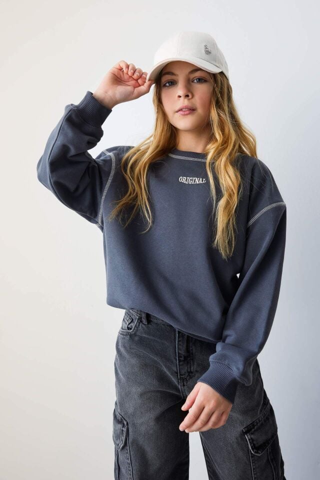 Kız Çocuk Oversize Geniş Kalıp Bisiklet Yaka Baskılı Sweatshirt