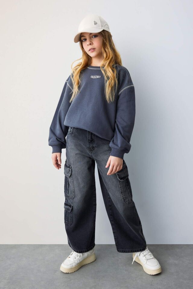 Kız Çocuk Oversize Geniş Kalıp Bisiklet Yaka Baskılı Sweatshirt