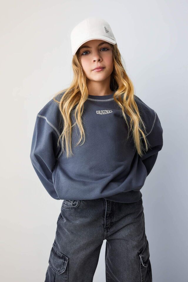 Kız Çocuk Oversize Geniş Kalıp Bisiklet Yaka Baskılı Sweatshirt