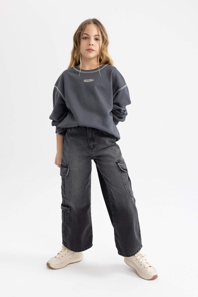 Kız Çocuk Oversize Geniş Kalıp Bisiklet Yaka Baskılı Sweatshirt