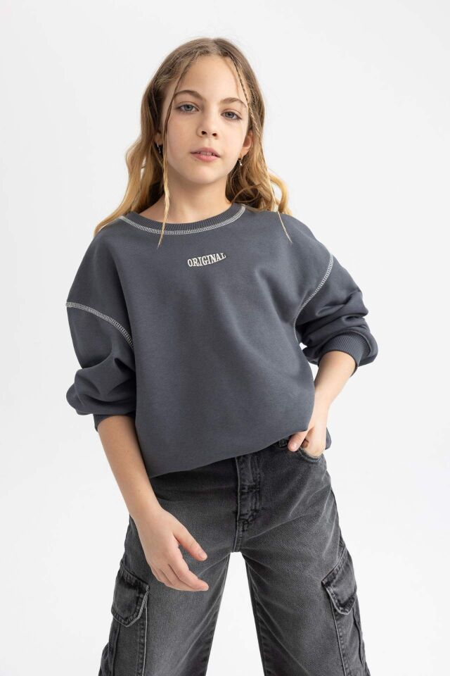 Kız Çocuk Oversize Geniş Kalıp Bisiklet Yaka Baskılı Sweatshirt