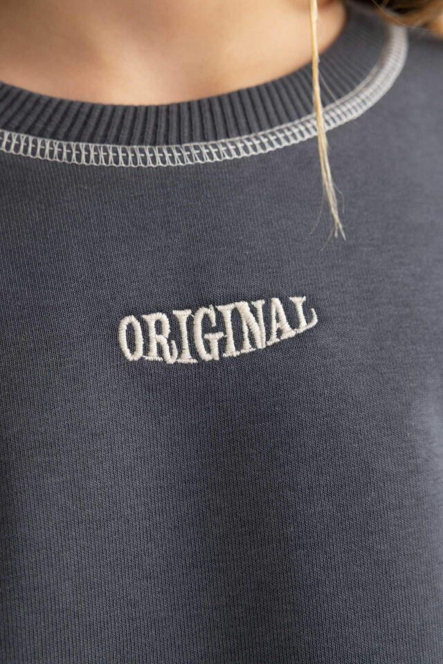 Kız Çocuk Oversize Geniş Kalıp Bisiklet Yaka Baskılı Sweatshirt