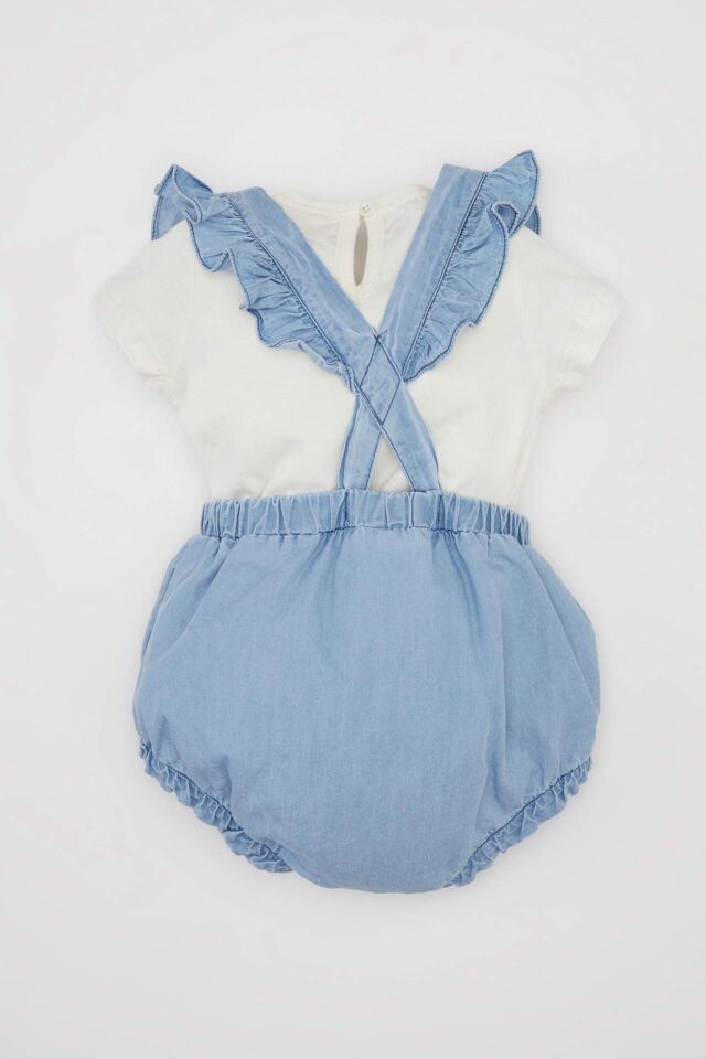 Kız Bebek 2'li Takım Kısa Kollu Tişört Üst Yumuşak Nakışlı Jean Tulum