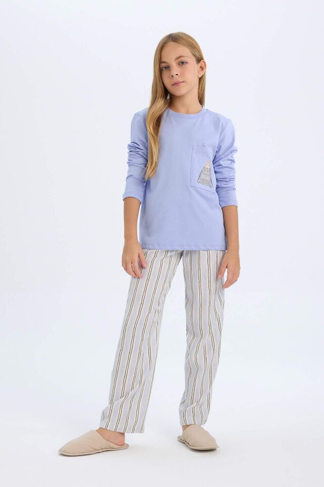 Kız Çocuk Pijama Takım Bisiklet Yaka Uzun Kollu Üst Beli Lastikli Uzun Alt