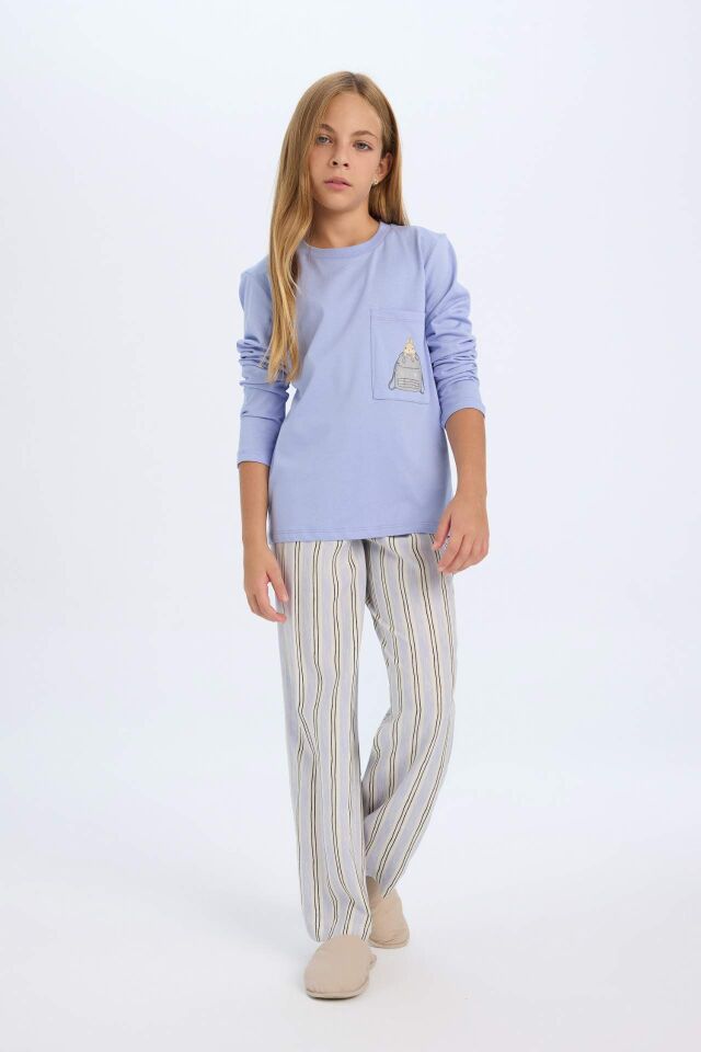 Kız Çocuk Pijama Takım Bisiklet Yaka Uzun Kollu Üst Beli Lastikli Uzun Alt