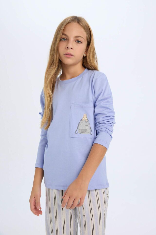 Kız Çocuk Pijama Takım Bisiklet Yaka Uzun Kollu Üst Beli Lastikli Uzun Alt