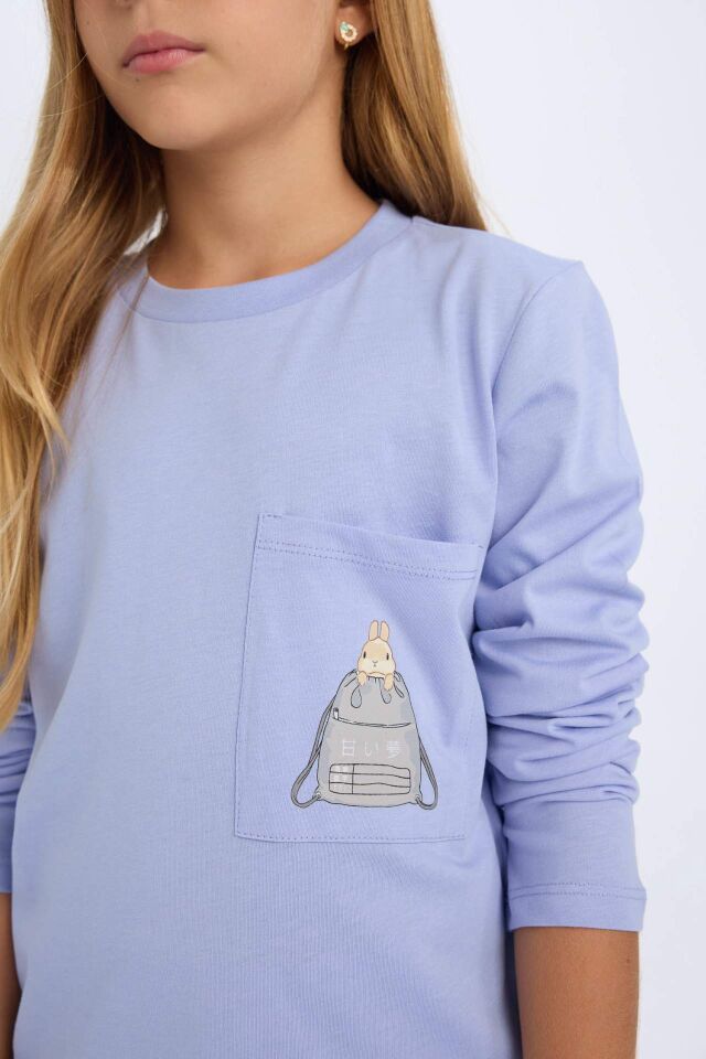 Kız Çocuk Pijama Takım Bisiklet Yaka Uzun Kollu Üst Beli Lastikli Uzun Alt