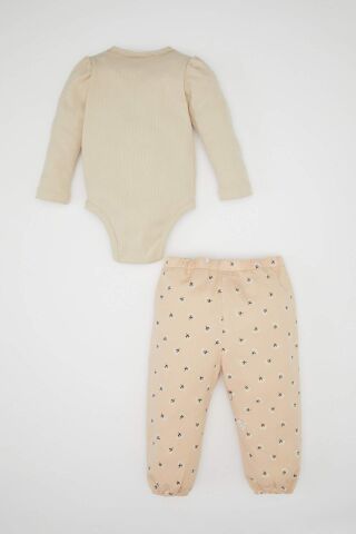Kız Bebek 2'li Takım Twill  Baskılı Uzun Kollu Çıtçıtlı Body Beli Lastikli Desenli Alt