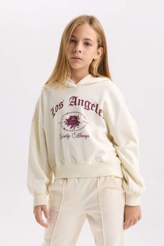 Kız Çocuk Ekru Oversize Geniş Kalıp Kapüşonlu Baskılı Sweatshirt