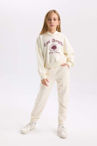 Kız Çocuk Ekru Oversize Geniş Kalıp Kapüşonlu Baskılı Sweatshirt