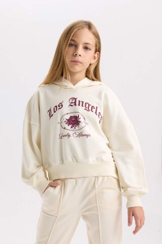 Kız Çocuk Ekru Oversize Geniş Kalıp Kapüşonlu Baskılı Sweatshirt