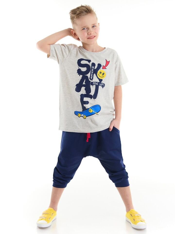 Mavi Kaykay Erkek Çocuk T-shirt Kapri Şort Takım 5 Y - Lacivert, Beyaz