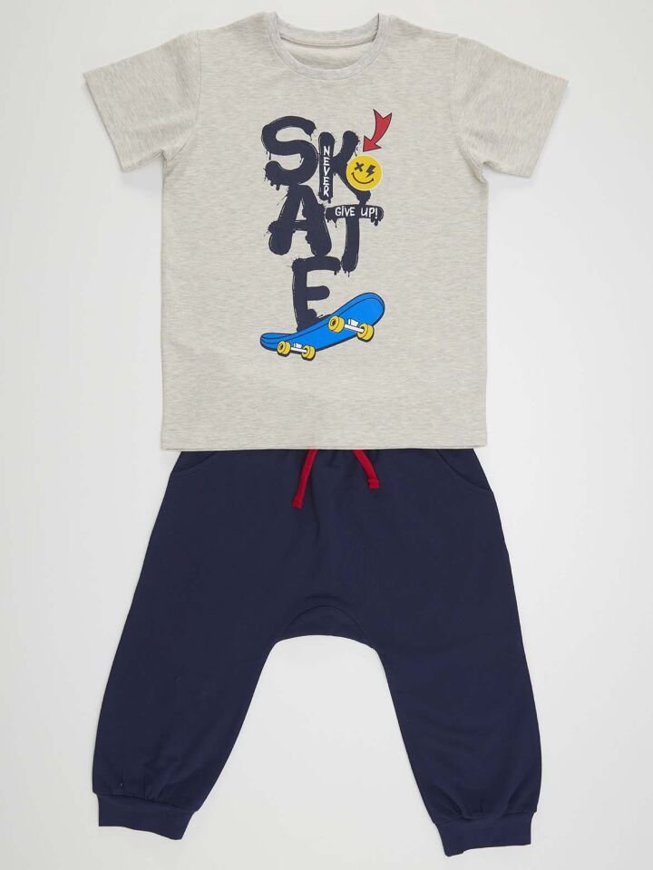 Mavi Kaykay Erkek Çocuk T-shirt Kapri Şort Takım 5 Y - Lacivert, Beyaz